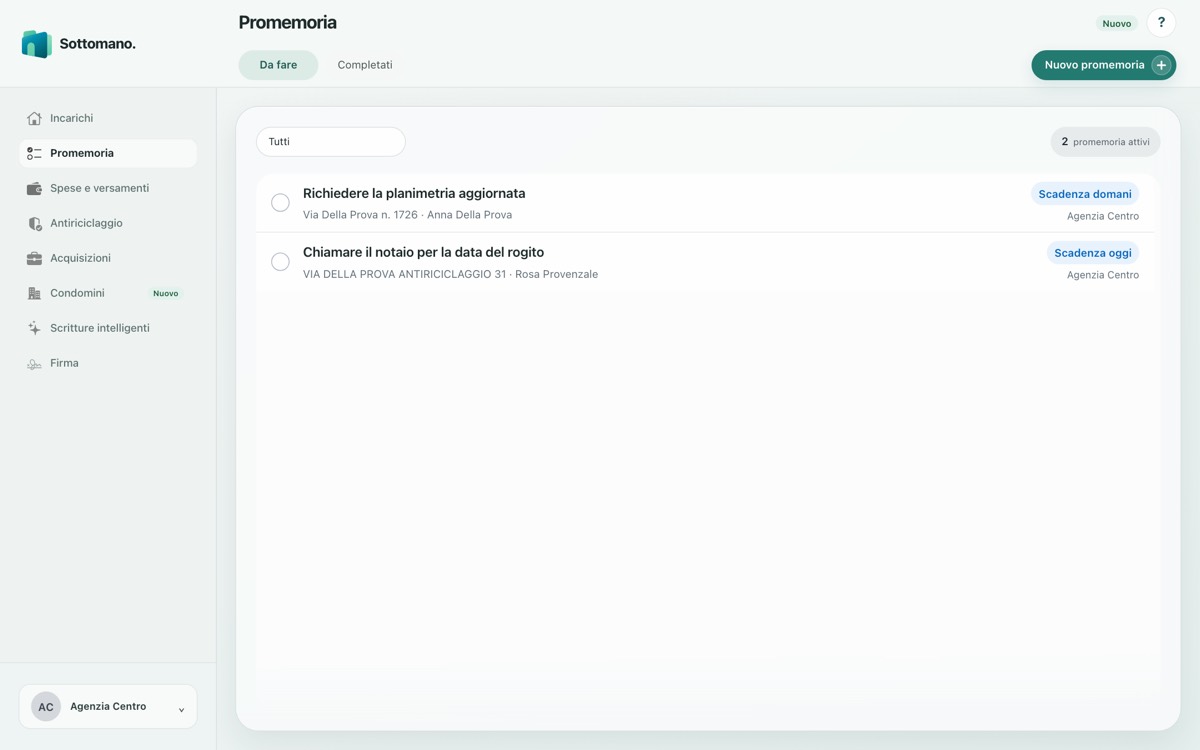 La pagina dei promemoria con le cose da fare