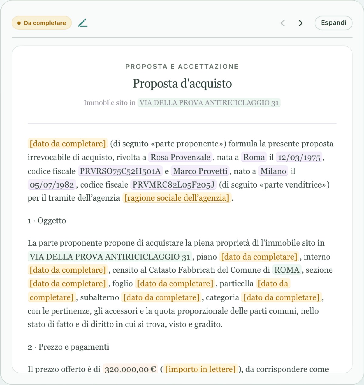 Una scrittura compilata con i dati della pratica